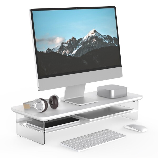 Fenge モニター台 卓上 机上台 パソコン台 PC 台 机上ラック 60cm 横幅 2 段 木製天板 アクリル製脚 ホワイト