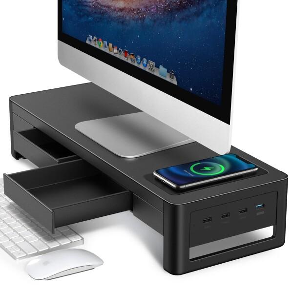 Meatanty 引き出し モニター台 pc モニタースタンド パソコン台 ディスプレイ台 USB 3.0/2.0 データ転送 机上台 スチール製 スマホ専用置き場付き 幅54cm