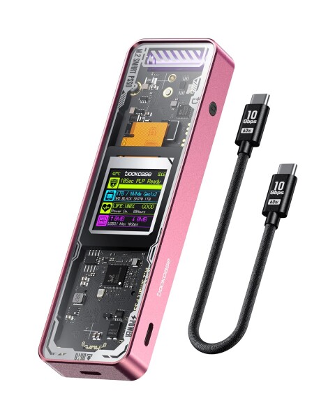 DOCKCASE M.2 NVMe SSDケース USB 3.2 Gen 2 Type-C (10 Gbps) IPS液晶ディスプレイと10秒 電源保護(PLP) 2230/2242/2260/2280サイズのNVMe PCIeに対応するハードディスクケース クリア設計 (Pink)