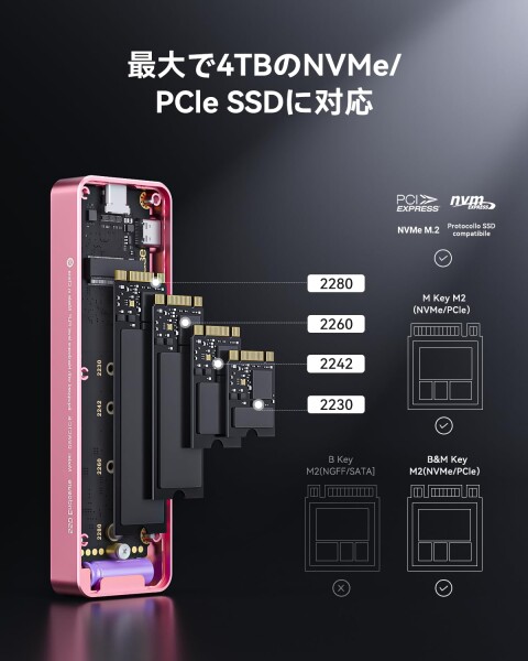 DOCKCASE M.2 NVMe SSDケース USB 3.2 Gen 2 Type-C (10 Gbps) IPS液晶ディスプレイと10秒 電源保護(PLP) 2230/2242/2260/2280サイズのNVMe PCIeに対応するハードディスクケース クリア設計 (Pink)_5