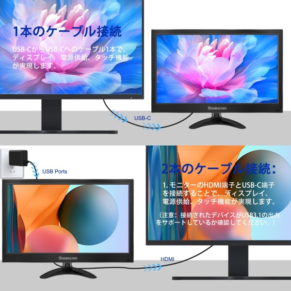 PC タッチスクリーン モニター 14 インチ ポータブル タッチスクリーン HDR 1920x1080 100% sRGB HDMI/USB-C IPS ディスプレイ PC/ラップトップ/PS4-5/Switch 用、14 インチ セキュリティ CCTV モニター