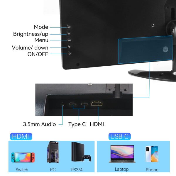 PC タッチスクリーン モニター 14 インチ ポータブル タッチスクリーン HDR 1920x1080 100% sRGB HDMI/USB-C IPS ディスプレイ PC/ラップトップ/PS4-5/Switch 用、14 インチ セキュリティ CCTV モニター