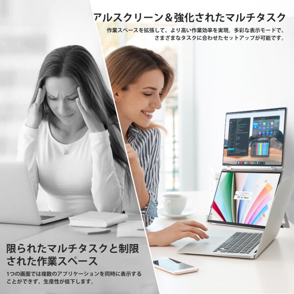 Wisecoco 15.6インチ デュアルスクリーンタッチモニター ポータブルモニター ノートパソコン用画面拡張機能搭載 IPS 1080P 360°折りたたみ式 スタックモニター キックスタンド付き HDMI USB-C対_4