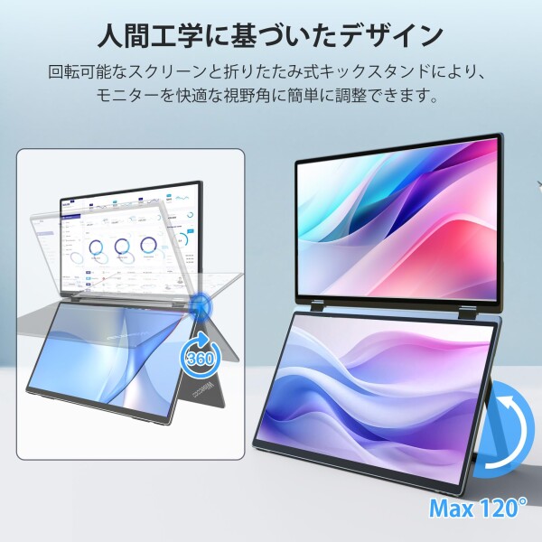 Wisecoco 15.6インチ デュアルスクリーンタッチモニター ポータブルモニター ノートパソコン用画面拡張機能搭載 IPS 1080P 360°折りたたみ式 スタックモニター キックスタンド付き HDMI USB-C対_6