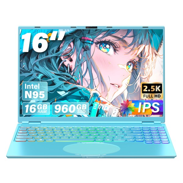 ノートパソコン16インチ2.5K FHD(2560x1600) IPS 高速静音CPU Celeron N95 1.7~3.4Ghz/メモリ:DDR4 16GB USB 3.0*2/mini-HDMI/SSD拡張 Webカメラ付き/顔認証/7色のバックライト付きキーボード マウス付き (高速SSD:1