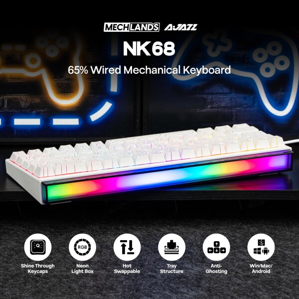 MechLands AJAZZ NK68 有線ゲーミングキーボード ライトボックス付き 65% コンパクト メカニカルキーボードホットスワップ対応 シャインスルーキーキャップ NKRO Windows/mac/Android対応 (White Topograp_1