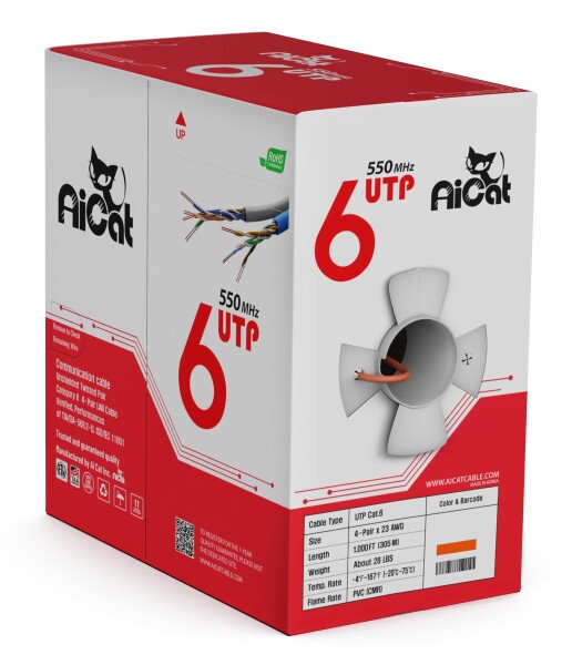 AiCat（エーアイキャット） Cat6（カテゴリ6）イーサネットケーブル300m（オレンジ）- 23 AWG、CMR、ノイズ低減クロスセパレータ付き絶縁裸銅線Cat6 ケーブル- 550MHZ/10ギガビット速度UTP LANケー