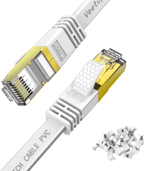 Veetop LANケーブル 50m CAT8 カテゴリ8 フラット 有線らんけーぶる WiFiケーブル 接続安定 鍍金コネクタ RJ45 爪折れ防止 超高速 40Gbps 2000MHz 26AWG 二重シールド 屋内 屋外 パソコン ルーター モデ