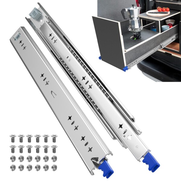 ToBeGreat スライドレール 重量用 950MM ロック付き 幅53MM 3段 取り外し可能 サイドマウント Heavy Duty 工業用 引き出しレール 耐荷重用 レール 荷台 スライド 棚 収納 シルバー ネジ付き 2本入