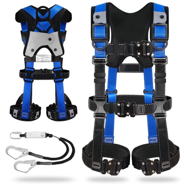 (TT TRSMIMA) フルハーネス 新規格 セット フルハーネス安全帯：全身反射 安全保護 ワンタッチ バックル 脱着簡単 ハーネス安全帯 ランヤード付き 2丁掛け 肩パッド 腿パッド 収納袋付き 墜