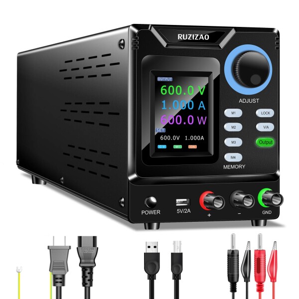 RUZIZAO 可変直流安定化電源（0-600 V 0-1 A）安定化電源、エンコーダノブ、メモリ、出力スイッチ、ロックボタン付き、PCプログラム可能 、4 桁カラーディスプレイを備え、USB-Aインタフェー