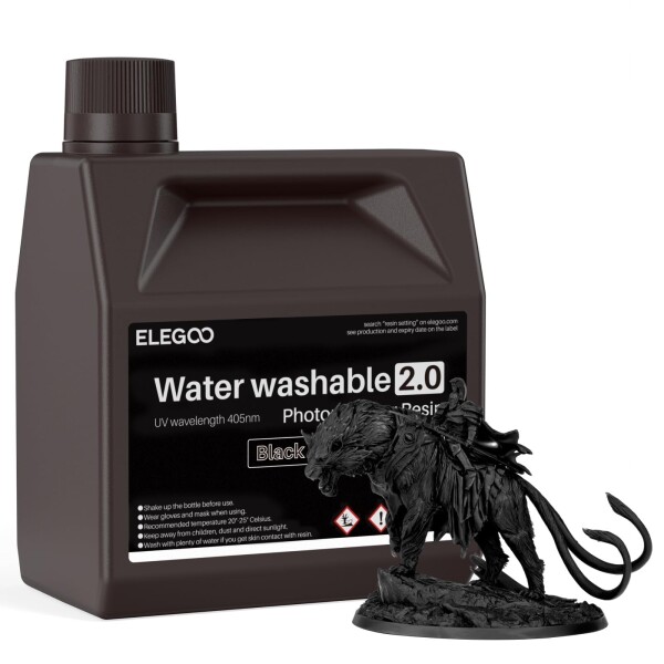 ELEGOO 水洗い可能レジン2.0 光造形3Dプリンターレジン 2000g 低収縮 高精度 高耐久性 LCD/DLP/SLA樹脂プリンター用高速硬化フォトポリマー樹脂 395-405nm UV硬化3Dレジン ブラック