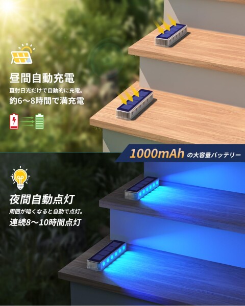 DetarZinLED IP68防水 1000mAh大容量電池 ソーラーライト 屋外 太陽光充電 自動点灯/消灯 ガーデンライト ブルー LED 階段ライト 庭 玄関 歩道 通路 駐車場 用（6個セット）_1