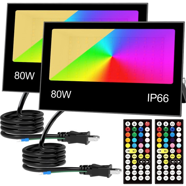 80W RGB 投光器 カラーライト フラッドライト RGB + 2700K 暖色光照明 8000lm 祝日雰囲気と日常照明兼用 IP66 防水 調光可能 16 種カラー 8 種モード 4 つタイマー 100V 50/60Hz PSE 認証済 日本語説明書