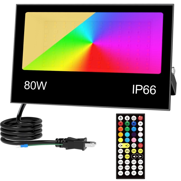 80W RGB 投光器 カラーライト フラッドライト RGB + 2700K 暖色光照明 8000lm 祝日雰囲気と日常照明兼用 IP66 防水 調光可能 16 種カラー 8 種モード 4 つタイマー 100V 50/60Hz PSE 認証済 日本語説明書