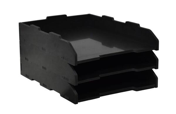 A3 レターケース ヨコ型/タテ型 ファイルラック クリアファイル収納でき 大きめ 深型 3段 書類トレー 卓上整理整頓 文房具 学校 オフィス 家庭 業務 積み重ね ブラック/黒 (A3レターケース