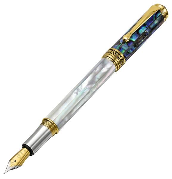 Xezo Maestro オーシャニックオリジン 虹色ホワイトマザーオブそしてパールブルーパウア貝 シリアルナンバー入り細かいペン。18金、プラチナメッキ。同じペンは2つとありません。