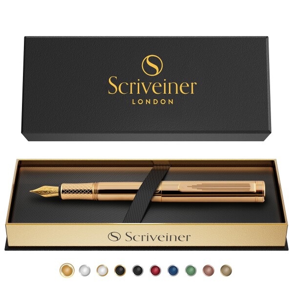 Scriveiner ゴールドメッキ万年筆（中字）、受賞歴のある高級ペン、ゴールド仕上げの重厚なポケットペン、シュミットニブ、コンバーター付き、男性および女性向けの最高のEDCライティ