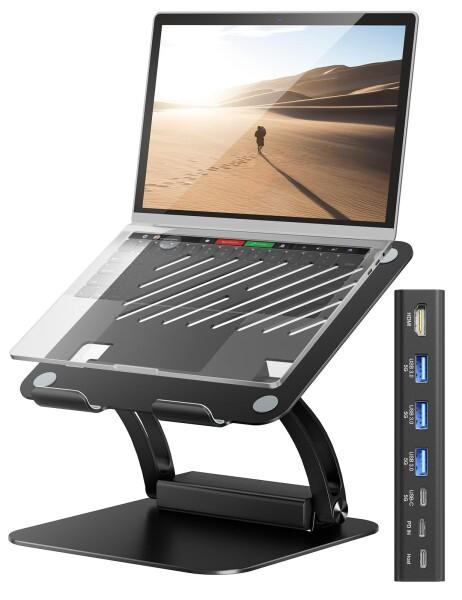 Tounee ノートパソコンスタンド 取り外し可能なUSB-Cハブ付き 100W PD充電 4K@60Hz HDMI USB-A &amp; USB-C 3.0ポート ホストポート 人間工学に基づいたアルミニウム製ノートパソコンホルダー 10~17インチ