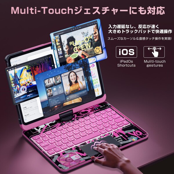 Sencela 2025新登場 iPad 10.2インチ（第7/8/9世代）対応 日本語配列キーボードケース 360度回転式 バックライト・ペンホルダー搭載 遅延なし・高精度 マジックキーボード ネオンピンク_1