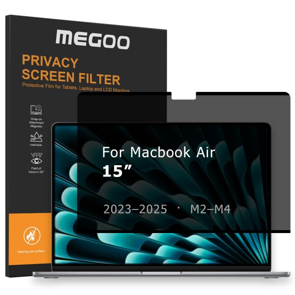 MEGOO MacBook Air 15インチ用プライバシースクリーン（2023-2025 / M2, M3, M4）、視野角30°、ブルーライトフィルター、マット仕上げ、反眩止め眼保護 - プレミアムビジネス保護