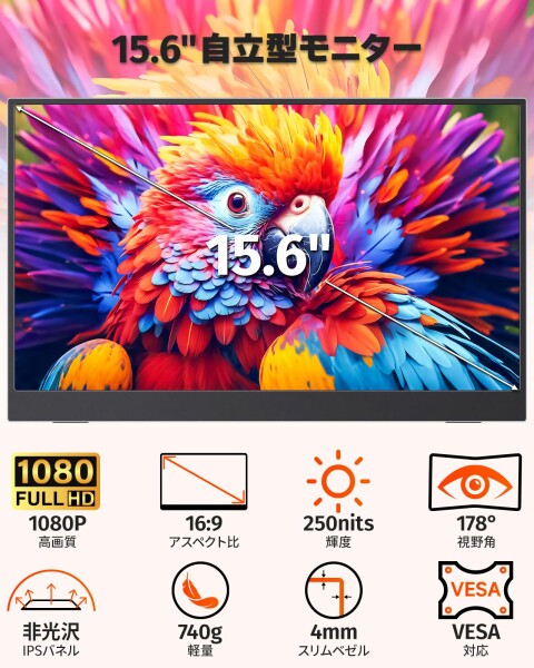 cocopar モバイルモニター 15.6インチ1920x1080FHD 自立型 非光沢ノングレア IPS液晶パネル 薄い 軽量 収納ケース付 ブルーライトカット フィルム付き Type-C一本接続可能 mini HDMI HDRモード FreeSync_1