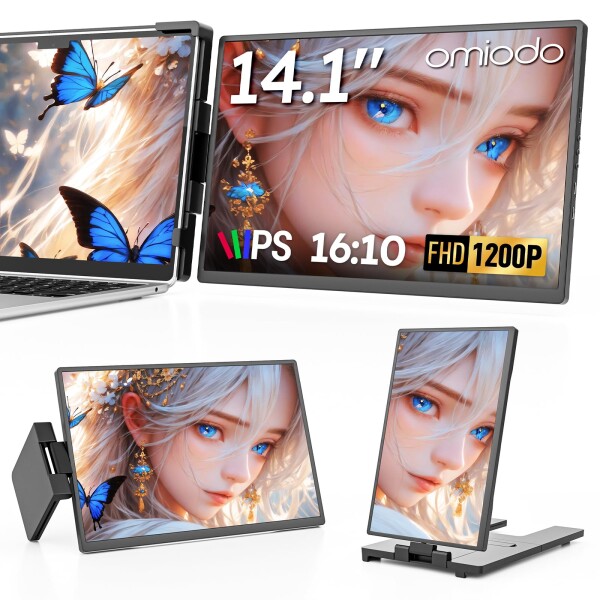 デュアルモニター Omiodo 14.1インチ 1200P FHD モバイルモニター USB-C/HDMI接続 ポータブルモニター 付属スタンド搭載 ノートPC拡張 デュアルスクリーンノ スマホ画面共有 対応Mac/Windows/Chrome/And