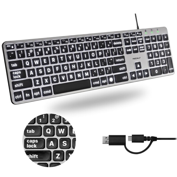 MACALLY 有線キーボード Mac用 (USB C + A) - 大文字プリント、バック