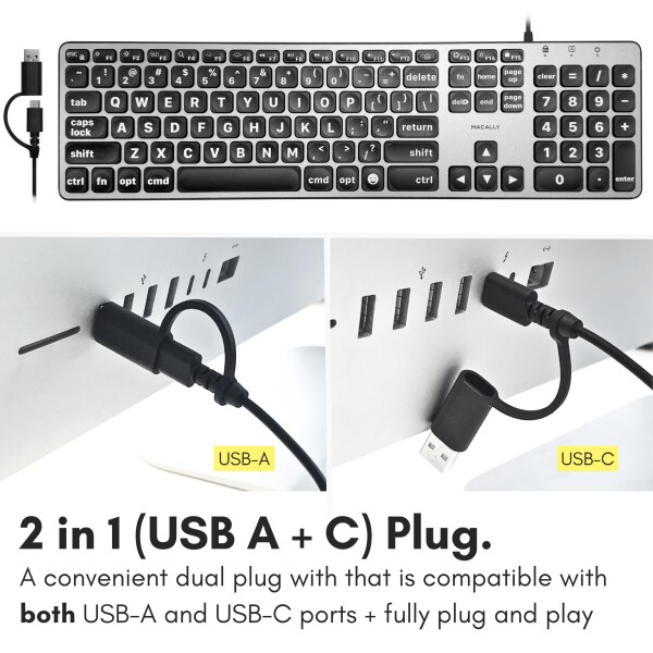 MACALLY 有線キーボード Mac用 (USB C + A) - 大文字プリント、バックライト付きAppleキーボード 有線 - 107キー フルサイズ 大文字 USB C MacBook Pro/Air、Mac Mini、iMac用 フルサイズ (UCABLZKEYLPSG)US配列(_3