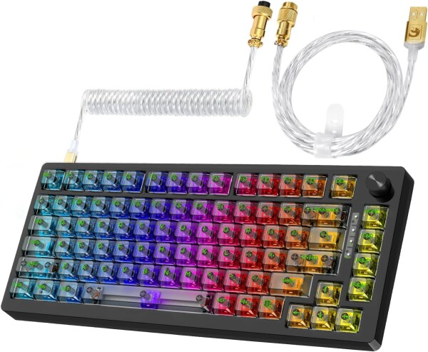 MAGIC-REFINER MK 32機械ゲームキーボード、75%有線透明キーボード、Apex Pro TKLキーボードホットスワップ82キー、コイル付きUSB-Cケーブルと音量つまみ、PC/MAC、日本語説明書 2IN1 (Black)