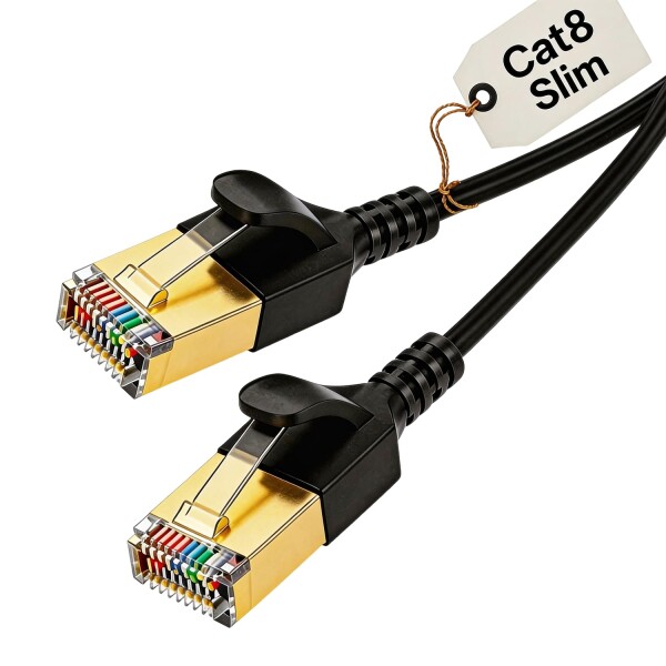 Elfcam(R) - スリム30m薄型Cat 8イーサネットケーブル、LAN WANケーブル、Cat8 SFTP 32AWG、2000Mhz 40Gbps RJ45コネクタ、ブラックラウンド(30M)。