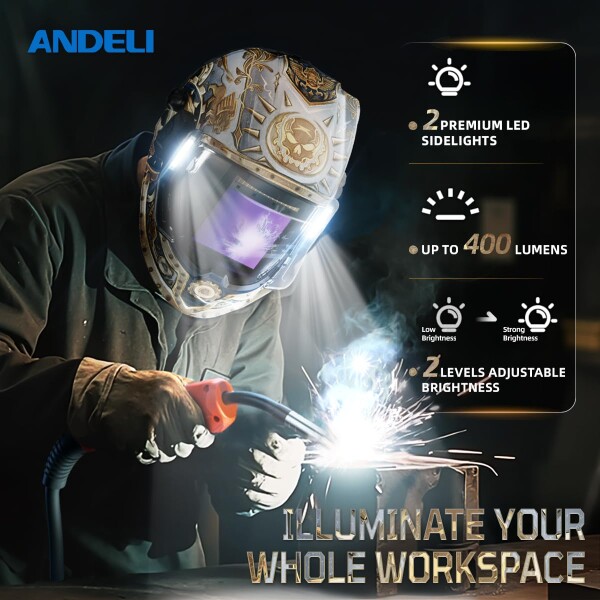 ANDELI 溶接面 LED付く４アークセンサー 自動フィルター 自動遮光溶接面 - 遮光度5-8/9-13 溶接マスク 側面も見える広視野 TIG 半自動 アーク溶接に対応溶接ヘルメット 電池交換可能 Type C (帝