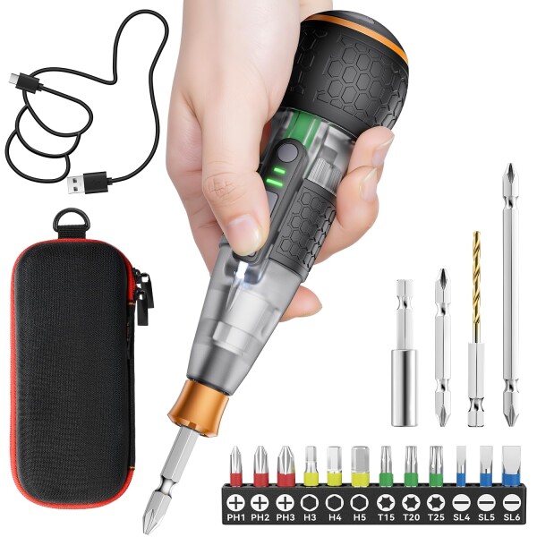 Yacooda 電動ドライバー 小型 強力 16点ビット付き 収納ケース付き USB-C充電式 高輝度LEDライト 軽量 DIY 操作簡単 女性/初心者対応 クリアグレー