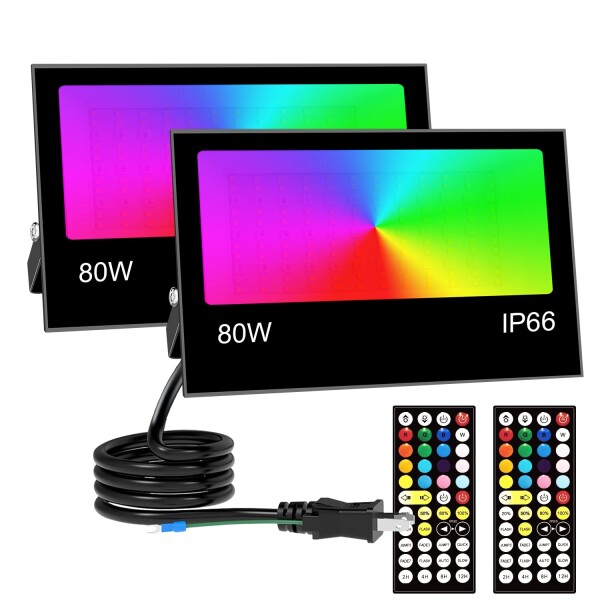 80W RGB 投光器 カラーライト LED 雰囲気 フラッド ライト 屋外 庭園の樹木 RGB + 2700K 暖色光照明 8000LM 調光調節 16 種カラー 8 種モード 4 つタイマー 日常照明兼用 IP66 防水 舞台の装飾照明 100