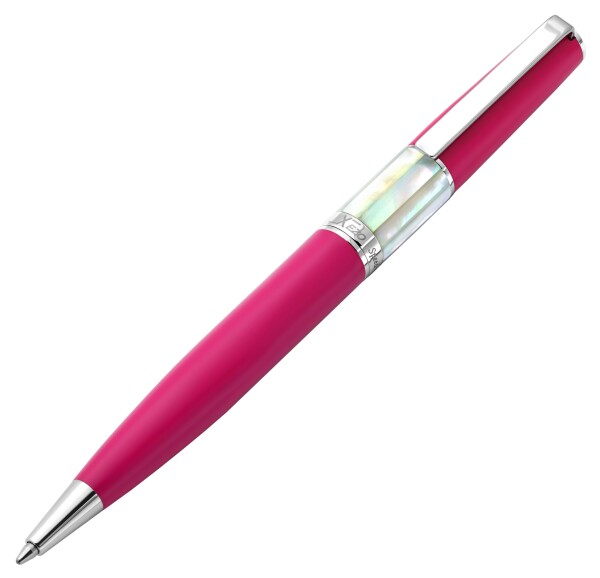 Xezo Speed Master Twist Action ミディアム ボールペン。マットセリスフューシャ、ホワイトマザーオブパール。クロームメッキ。 軽量真鍮ボディ。
