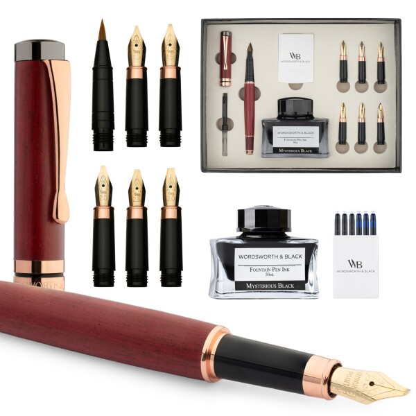 Wordsworth & Black Calligraphy Pen Gift Set, インク瓶、6個のインクカートリッジ、インクコンバーター、6個の替えニブ、高級竹、ジャーナリング、書き味スムーズなペン (バイオレットウッド)