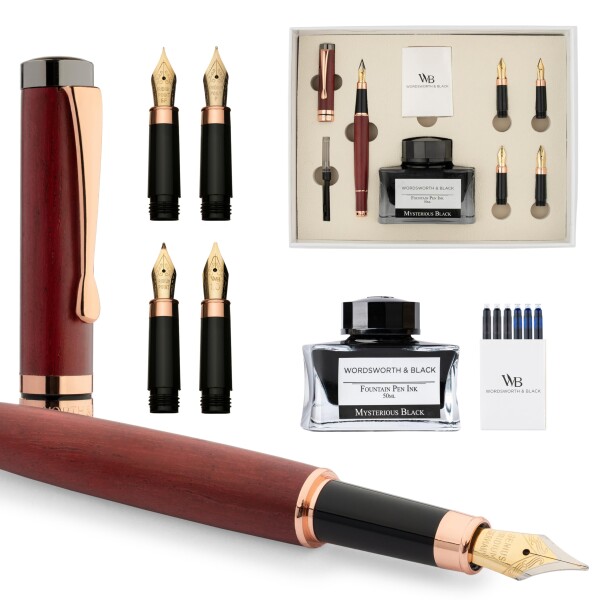 Wordsworth & Black Fountain Pen Gift Set, インク瓶、6個のインクカートリッジ、インクコンバーター、4本の替えペン先、高級竹、ジャーナリング、カリグラフィー、滑らかな書き味のペン (バイオ