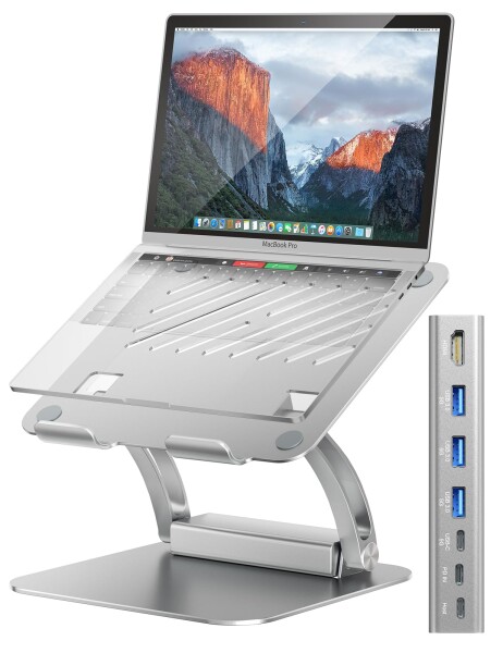Tounee ノートパソコンスタンド 取り外し可能なUSB-Cハブ付き 100W PD充電 4K@60Hz HDMI USB-A &amp; USB-C 3.0ポート ホストポート 人間工学に基づいたアルミニウム製ノートパソコンホルダー 10~17インチ