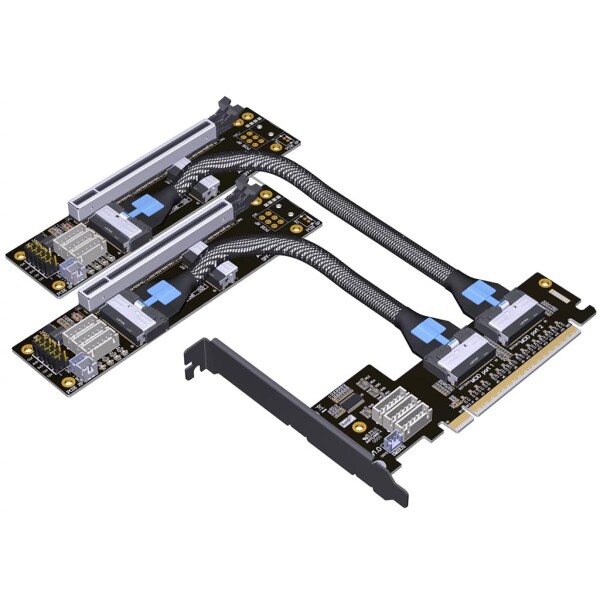 JMT ADT-F36B-F37B-D8S PCI-e 4.0 X16 to X8 X8 MCIO 分岐アダプター ライザーカード 256G/bps スプリットエクステンダー SFF-TA-1016 電源ケーブル付き (100cm)