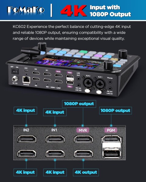 FoMaKo 4K ビデオミキサースイッチャー ライブプロダクションスイッチャー HDMI入力4個付き 4K60FPS入力 1080P60出力 USBビデオ録画 FHD 5.5インチ LCDスクリーン PVW PGM マルチカメラ制作 USB3.0 HDMIビ_1