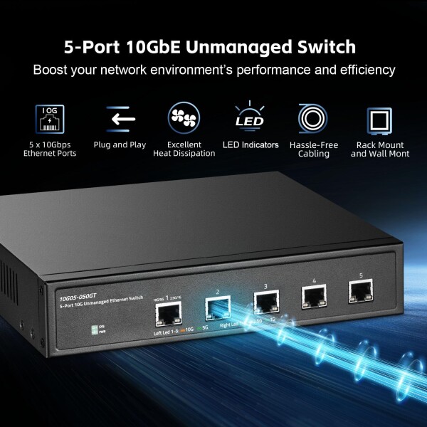 5ポート10ギガビット非管理型スイッチ、5x10G RJ45イーサネット、1G 