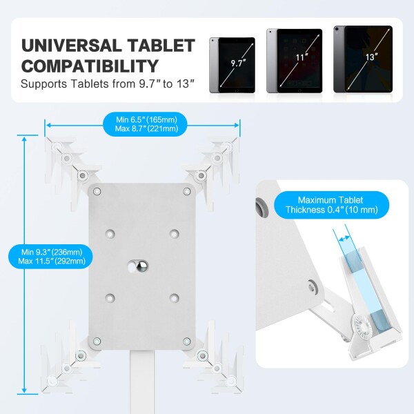 AboveTEK ユニバーサルタブレットフロアキオスク 盗難防止タブレットスタンド ビジネス用 高さ調節可能 タブレットキオスクフロアマウント iPad・Galaxy・Surface対応 9.7〜13インチ対応 厚さ0._4