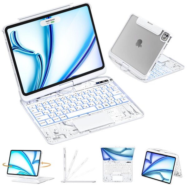 Sencela 2025新登場 iPad Pro 11インチ(M4?2024年発売) 日本語配列キーボードケース マジックキーボード 遅延なし・高精度 360度回転式 バックライト・ペンホルダー搭載 透明ホワイト
