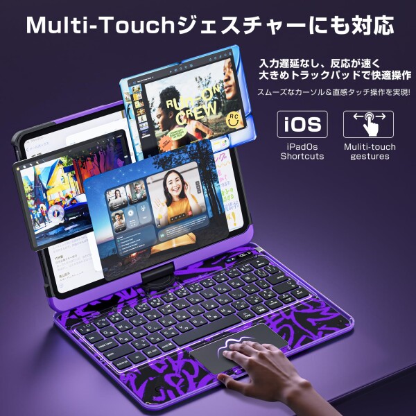 Sencela 2025新登場 iPad 10.2インチ（第7/8/9世代）対応 日本語配列キーボードケース 360度回転式 バックライト・ペンホルダー搭載 遅延なし・高精度 マジックキーボード サイバーパープル_1