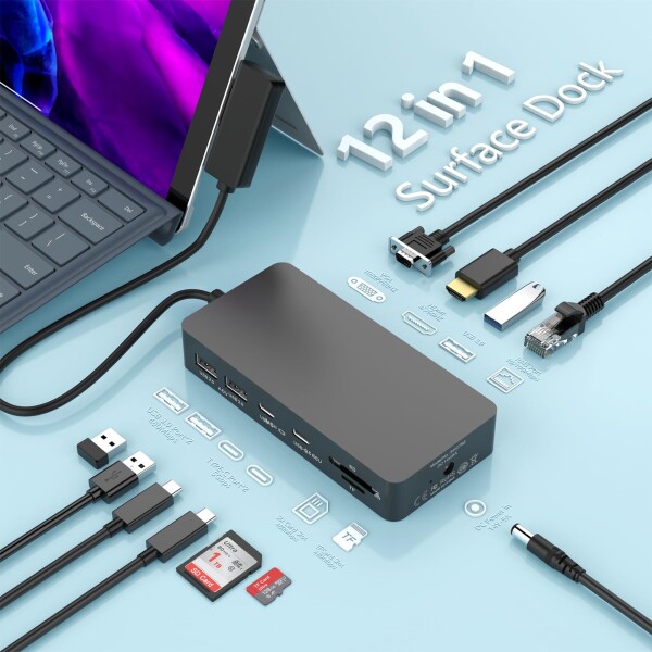 12 in 1 Microsoft Surface Dock, Surface Pro ドッキングステーション トリプルディスプレイ HDMI 4K VGA Microsoft Surface Hub アダプター 対応機種: Surface Pro 11/10/9/8/X/7/6/5/4/3, Laptop 7/6/5/4/3/2/1, Book Laptop Go 3/2/1