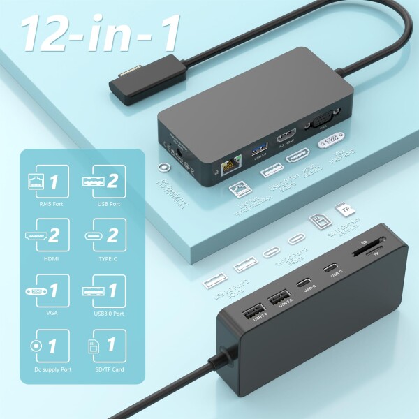 12 in 1 Microsoft Surface Dock, Surface Pro ドッキングステーション トリプルディスプレイ HDMI 4K VGA Microsoft Surface Hub アダプター 対応機種: Surface Pro 11/10/9/8/X/7/6/5/4/3, Laptop 7/6/5/4/3/2/1, Book Laptop Go 3/2/1_1