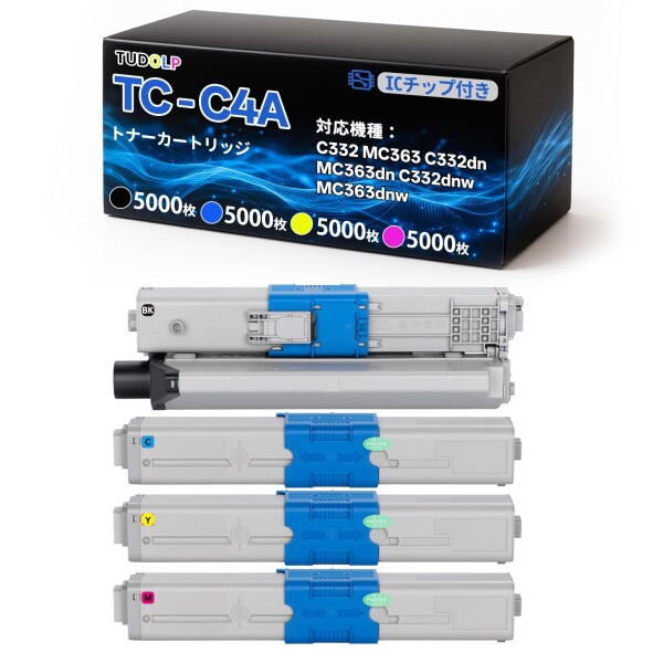 OKI用 TC-C4AK2 互換トナーカートリッジ 4色セット (TC-C4AK2/TC-C4AC2/TC-C4AM2/TC-C4AY2)大容量 ICチップ搭載 印刷可能枚数：約5000枚（A4用紙5％印字率） 対応機種：C332 MC363 C332dn MC363dn C332dnw MC363dnw