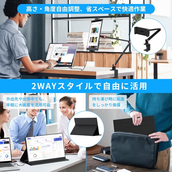 KEEPTIME モバイルモニター 15.6インチ モバイルディスプレイ クランプ式スタンド付き 高輝度300nit 100％sRGB広色域 1920x1080FHD 持ち運びモニター 軽量 薄型 IPS液晶パネル USB Type-C/Mini HDMI端末 PS4_2