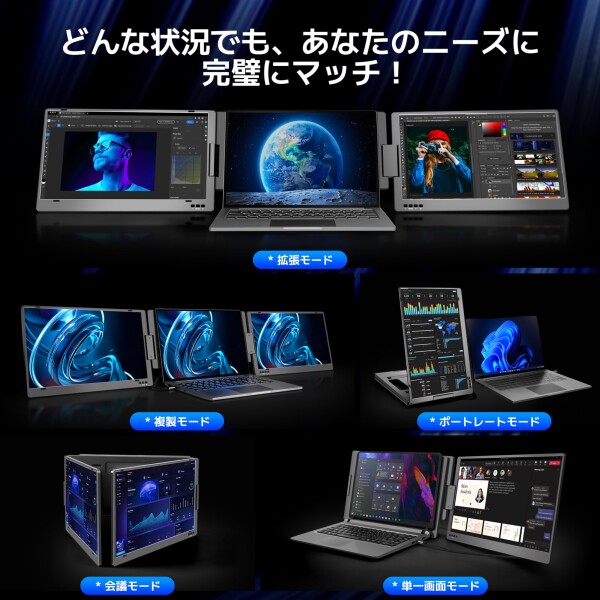 「Windows最適化」15.6インチ デュアルモニター 金属ボディ モバイル デュアルディスプレイ 2画面/3画面表示可能 Type-C一本接続 360度回転&折りたたみ可能 1080P FHD IPS トリプルモニター 拡張_4