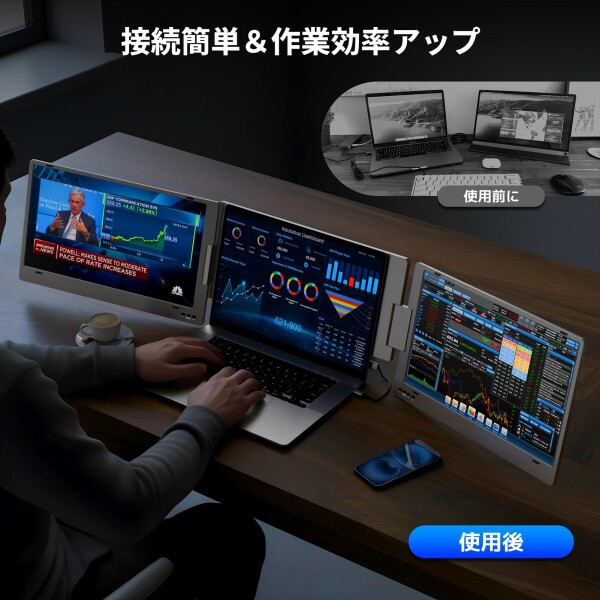 「Windows最適化」15.6インチ デュアルモニター 金属ボディ モバイル デュアルディスプレイ 2画面/3画面表示可能 Type-C一本接続 360度回転&折りたたみ可能 1080P FHD IPS トリプルモニター 拡張_6